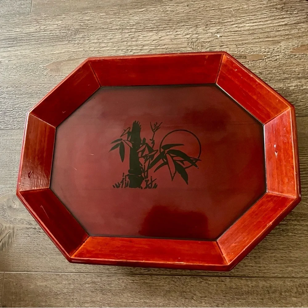 Red Lacquered Octagonal Decorative Tray Set